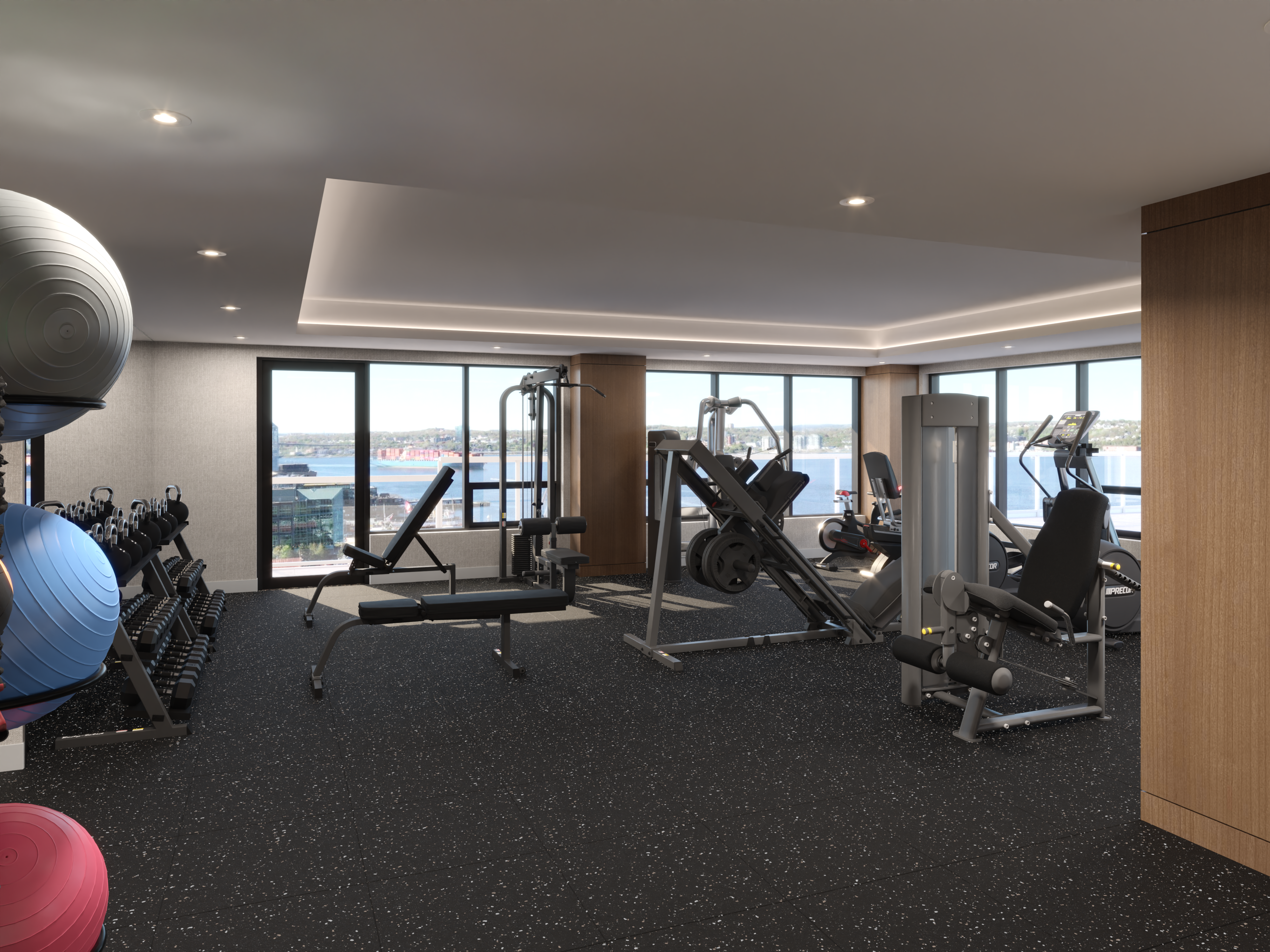 Cunard's 12th-floor fitness centre: Stunning harbour views during workouts.