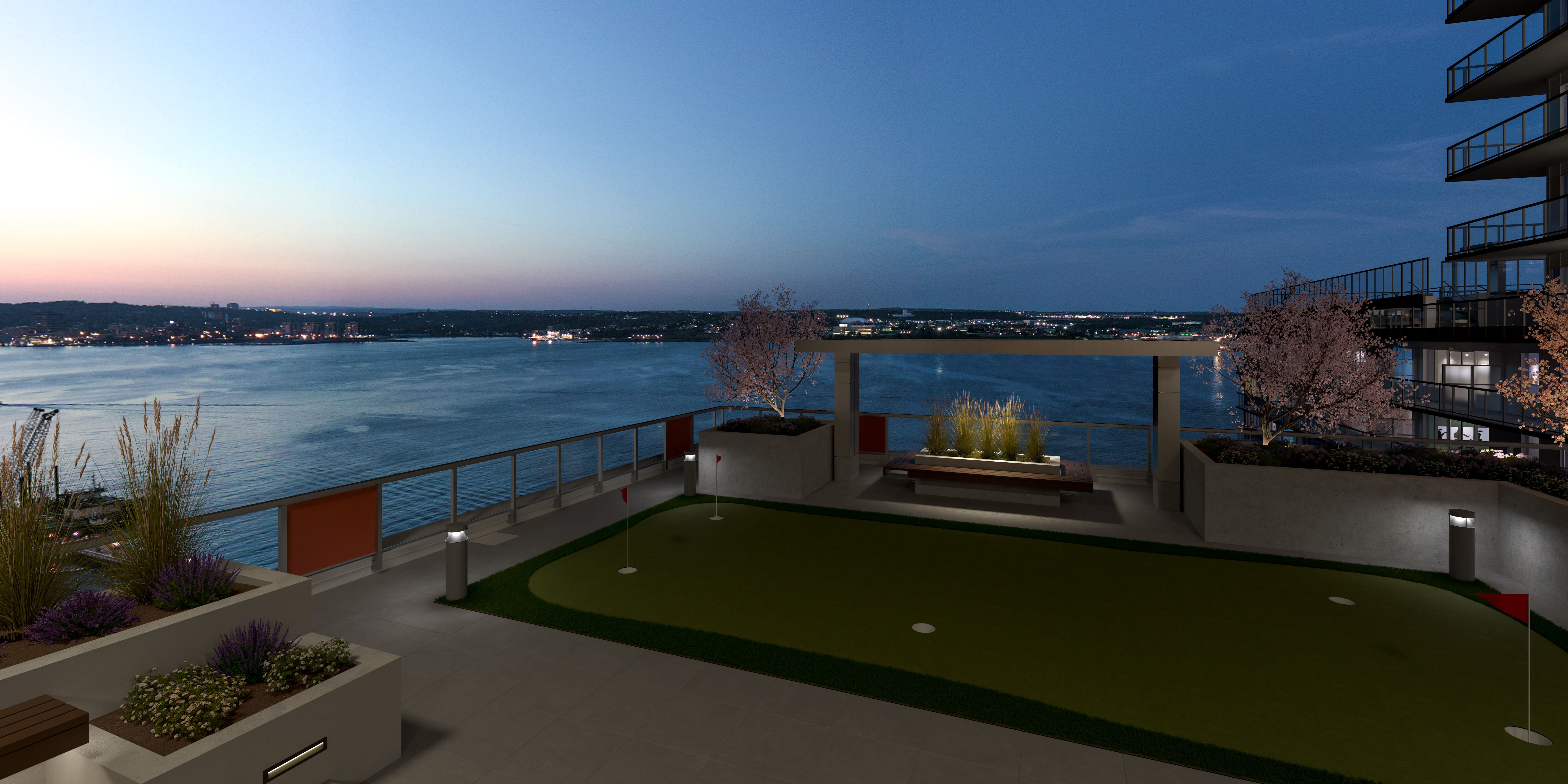 Cunard's 11th-floor terrace: Outdoor fireplace, putting green, and BBQ stations for leisure and relaxation.